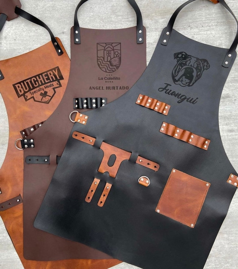 Personalised Leather Apron with pockets for drinks (BBQ, Barbecue, Grill, Kitchen, Woodwork, Chef, Butcher, Handcraft, Gift,Grilling Master)