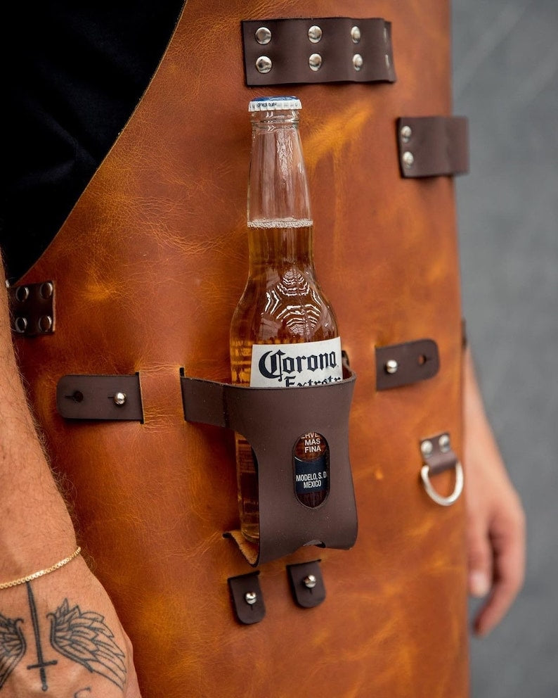 Personalised Leather Apron with pockets for drinks (BBQ, Barbecue, Grill, Kitchen, Woodwork, Chef, Butcher, Handcraft, Gift,Grilling Master)
