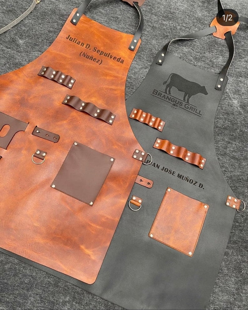 Personalised Leather Apron with pockets for drinks (BBQ, Barbecue, Grill, Kitchen, Woodwork, Chef, Butcher, Handcraft, Gift,Grilling Master)