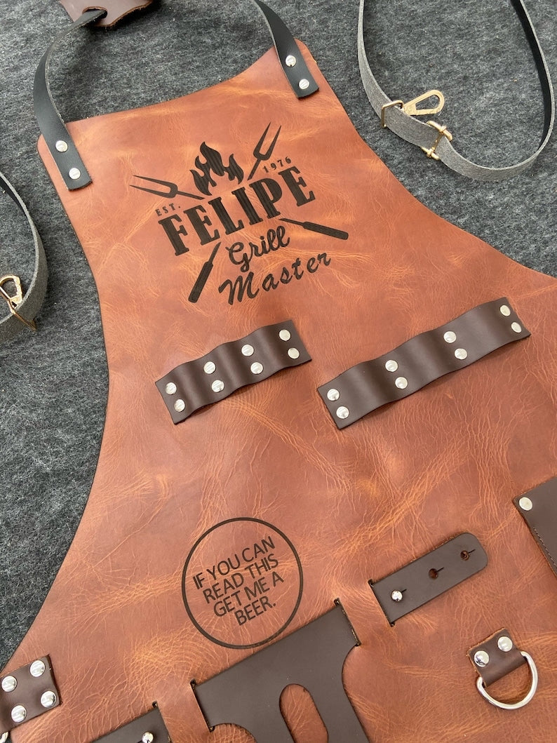 Personalised Leather Apron with pockets for drinks (BBQ, Barbecue, Grill, Kitchen, Woodwork, Chef, Butcher, Handcraft, Gift,Grilling Master)