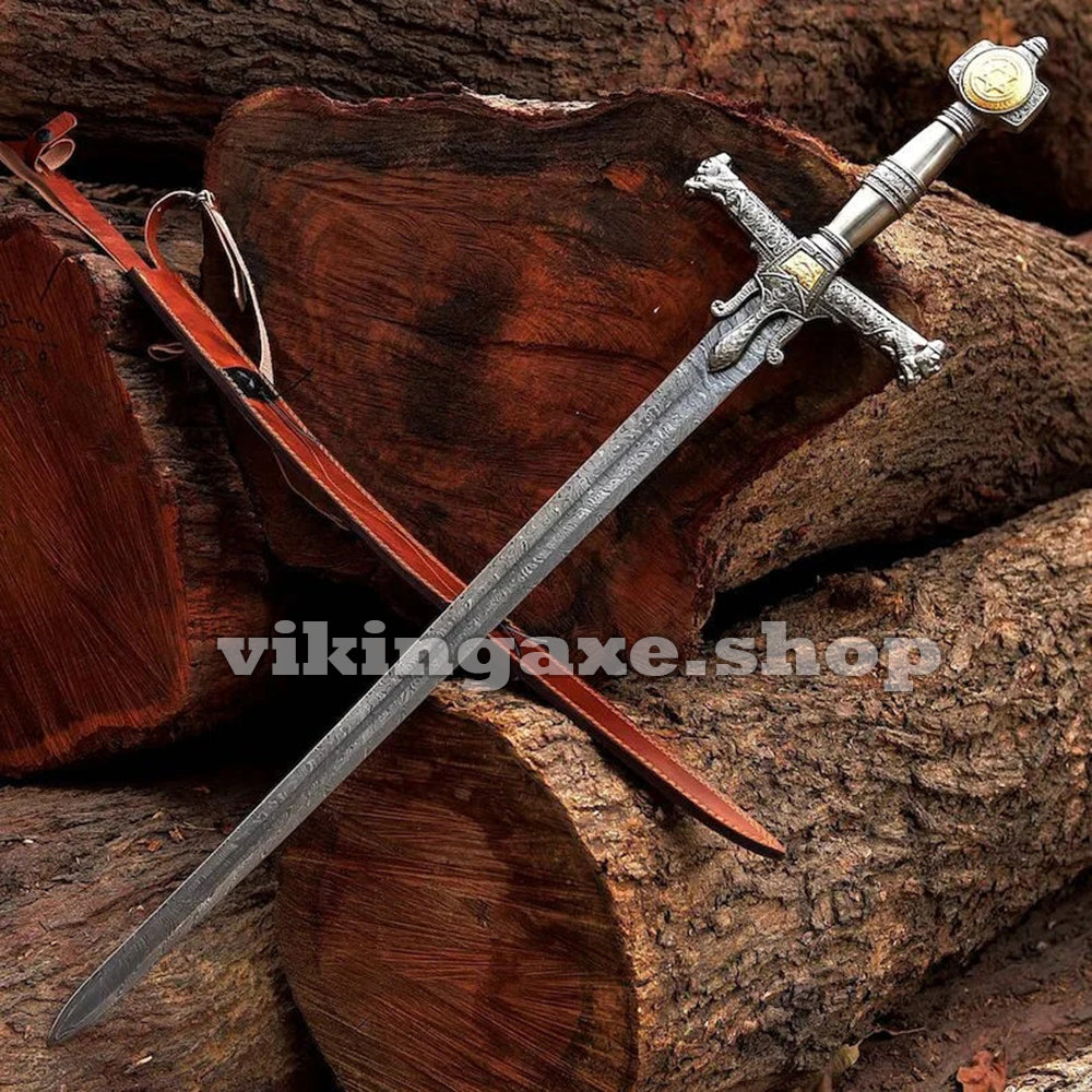 King Solomon Crusader Sword - Damascus Steel Sword With Leather Sheath