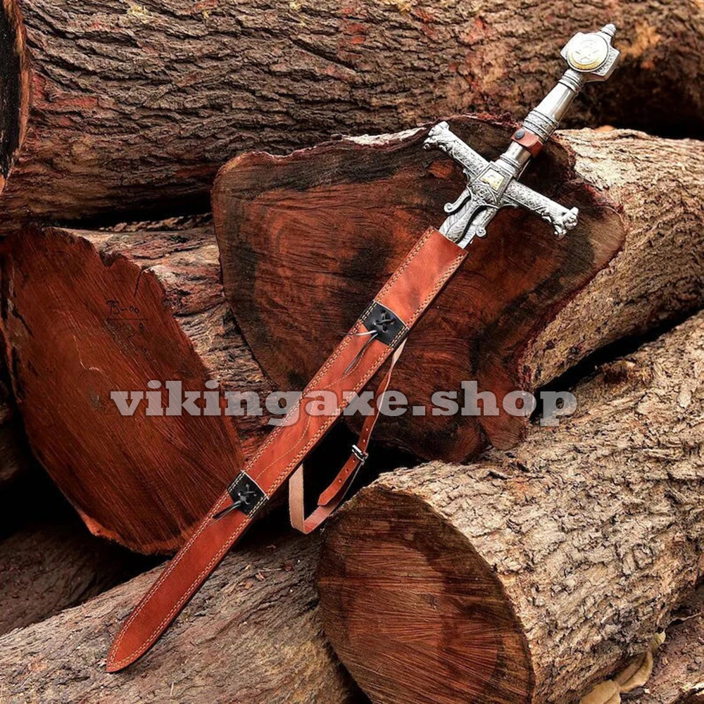 King Solomon Crusader Sword - Damascus Steel Sword With Leather Sheath