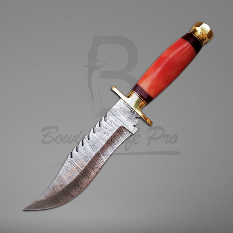 Damascus Knife Hunting Bowie Knife Pro Bone Handle Brass Guard And Pommel With Knife Sheath VK-206