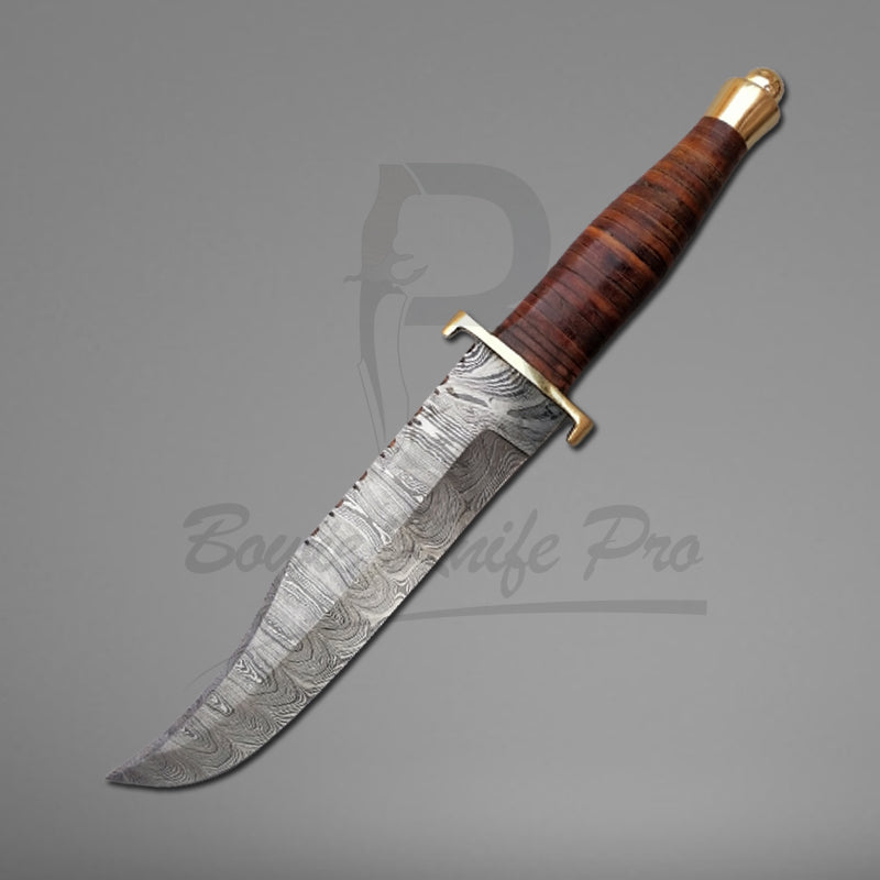 Bowie Knife Pro Damascus Knife Leather Handle Brass Guard And Pommel With Knife Sheath VK-209