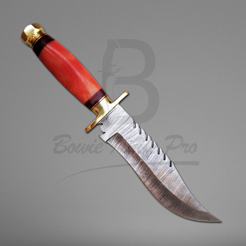 Damascus Knife Hunting Bowie Knife Pro Bone Handle Brass Guard And Pommel With Knife Sheath VK-206