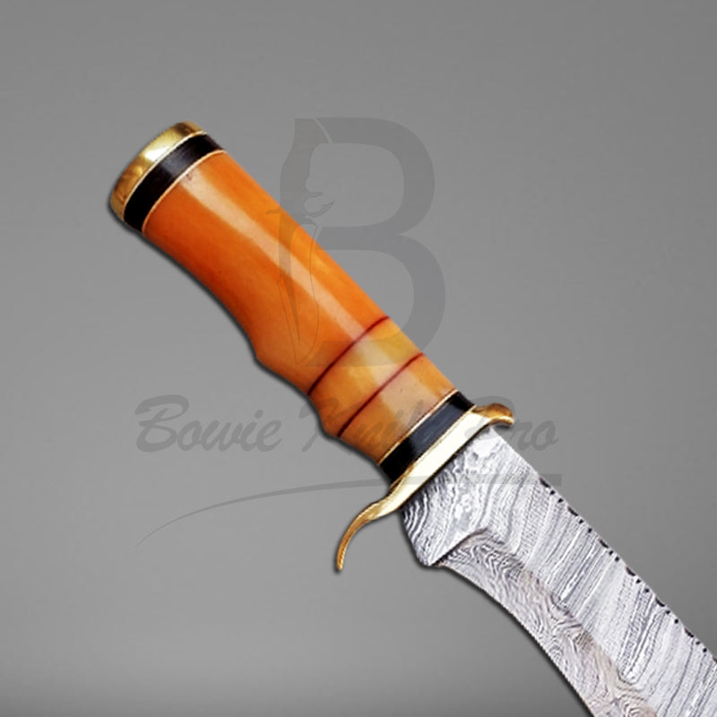 Damascus Knife Bowie Knife Brass Guard And Pommel Color Bone Handle With Knife Sheath VK-207