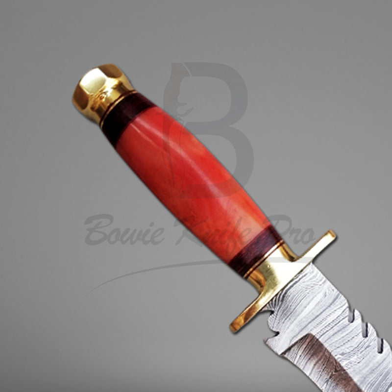 Damascus Knife Hunting Bowie Knife Pro Bone Handle Brass Guard And Pommel With Knife Sheath VK-206