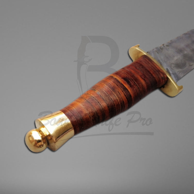 Bowie Knife Pro Damascus Knife Leather Handle Brass Guard And Pommel With Knife Sheath VK-209