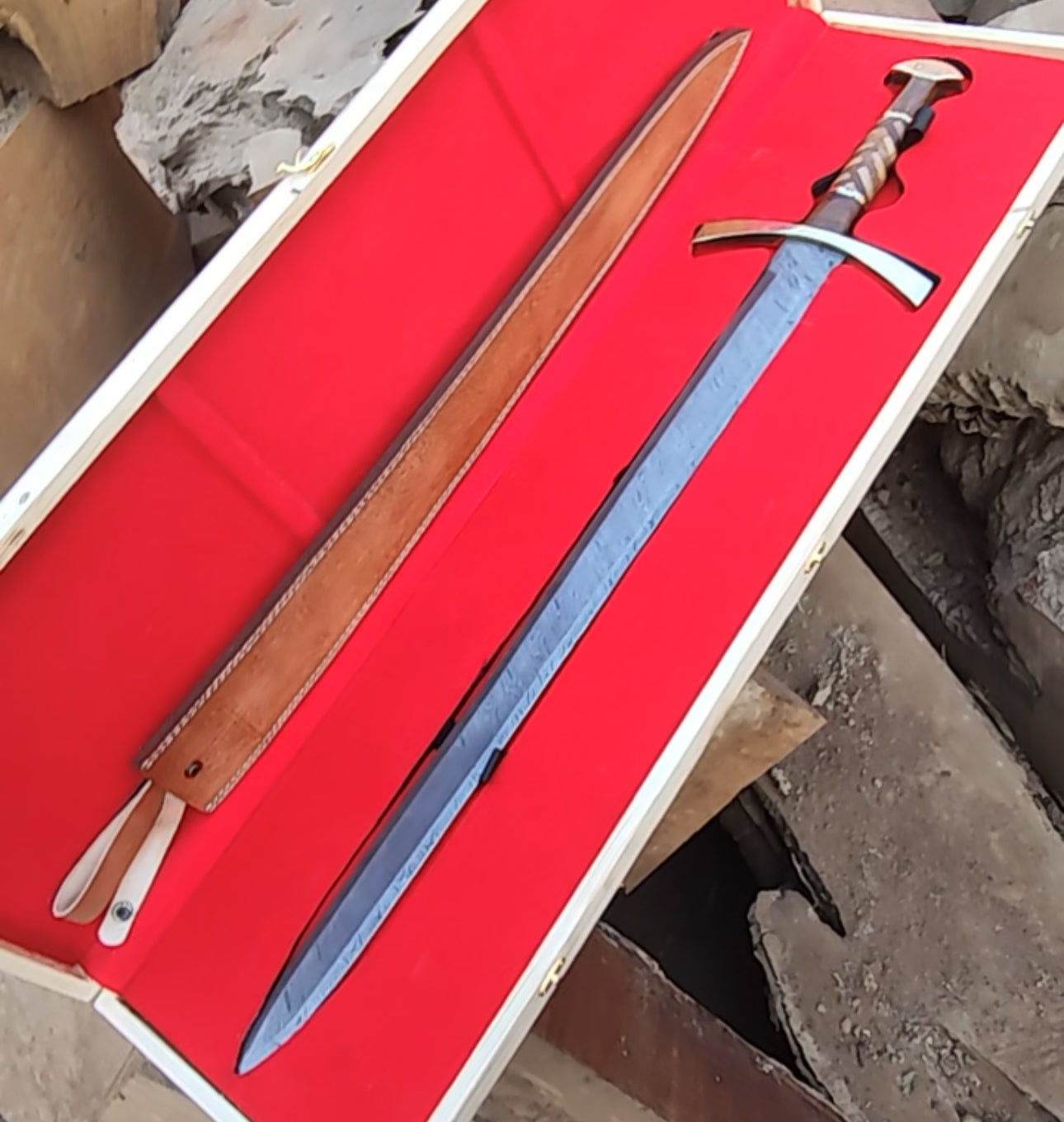 Custom Handmade Damascus Steel Sword | Viking Sword With Wooden Box VS-002