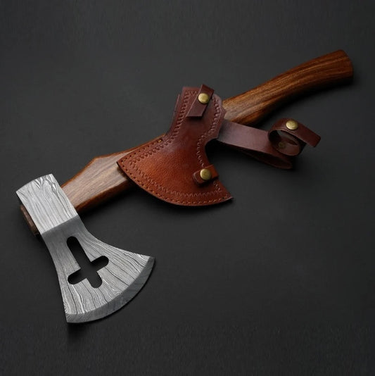 Custom Damascus Steel Axe With Rose Wood Handle