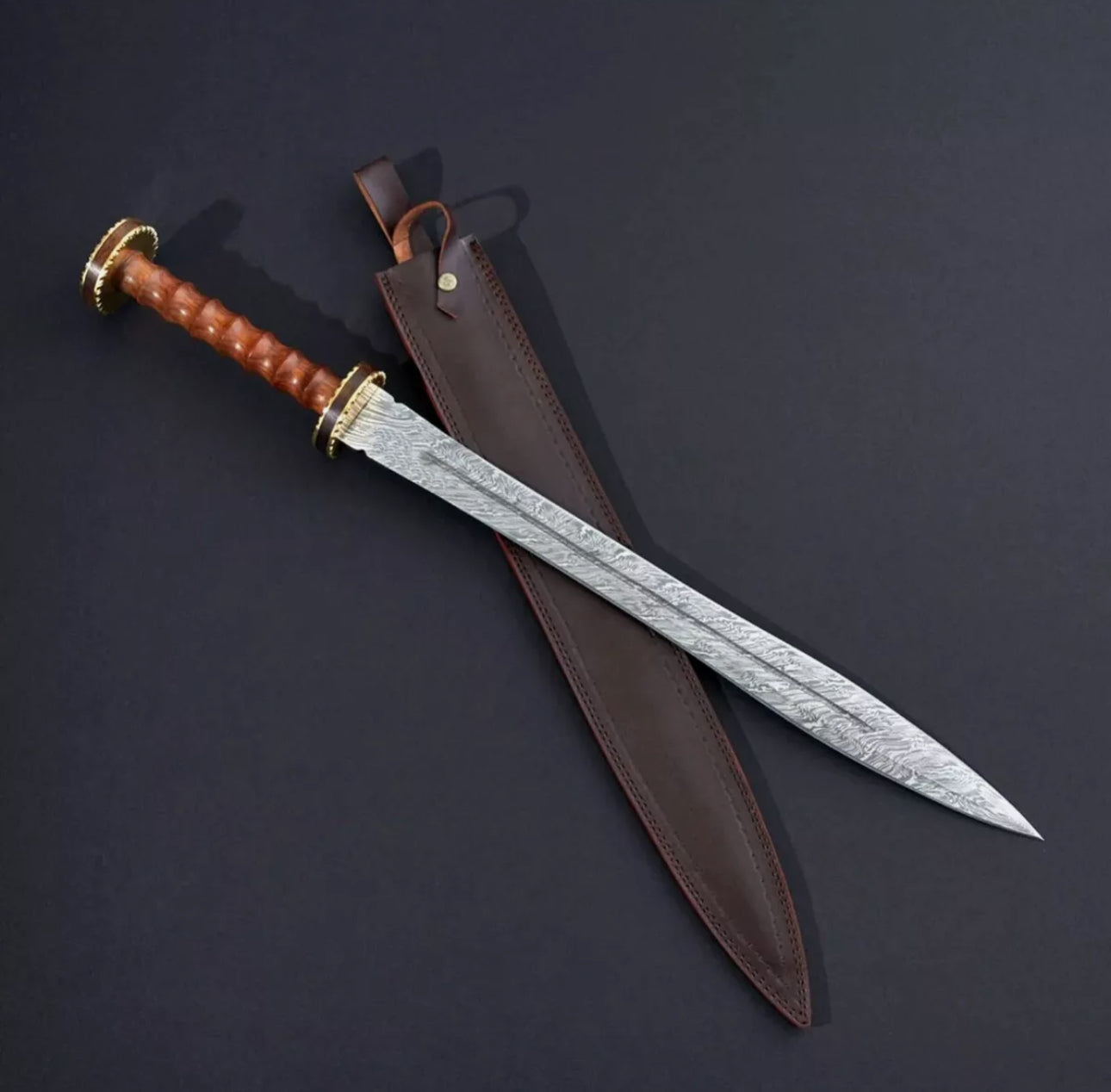 Custom Handmade Damascus Sword Wood Handle With Leather Sheath