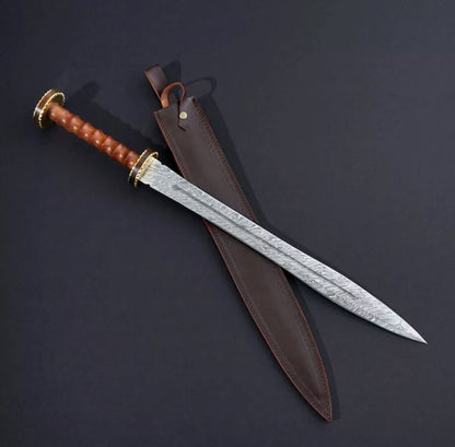 Custom Handmade Damascus Sword Wood Handle With Leather Sheath