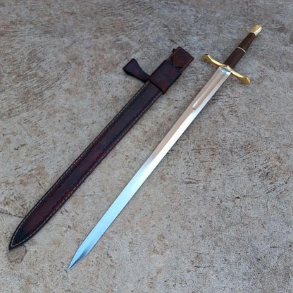 Handmade Custom Sword High Carbon Steel Blade Brass Guard And Pommel With Leather Sheath