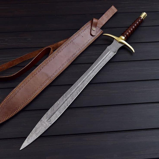 Custom Handmade Damascus Sword Brass Guard And Pommel With Leather Sheath