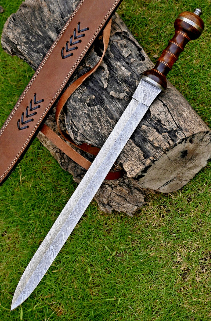 Roman Sword Damascus Steel Gladius Sword Rose Wood Handle With Leather Sheath