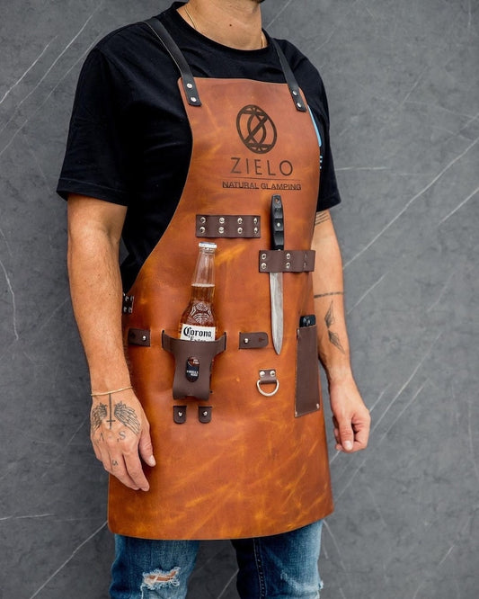 Personalised Leather Apron with pockets for drinks (BBQ, Barbecue, Grill, Kitchen, Woodwork, Chef, Butcher, Handcraft, Gift,Grilling Master)