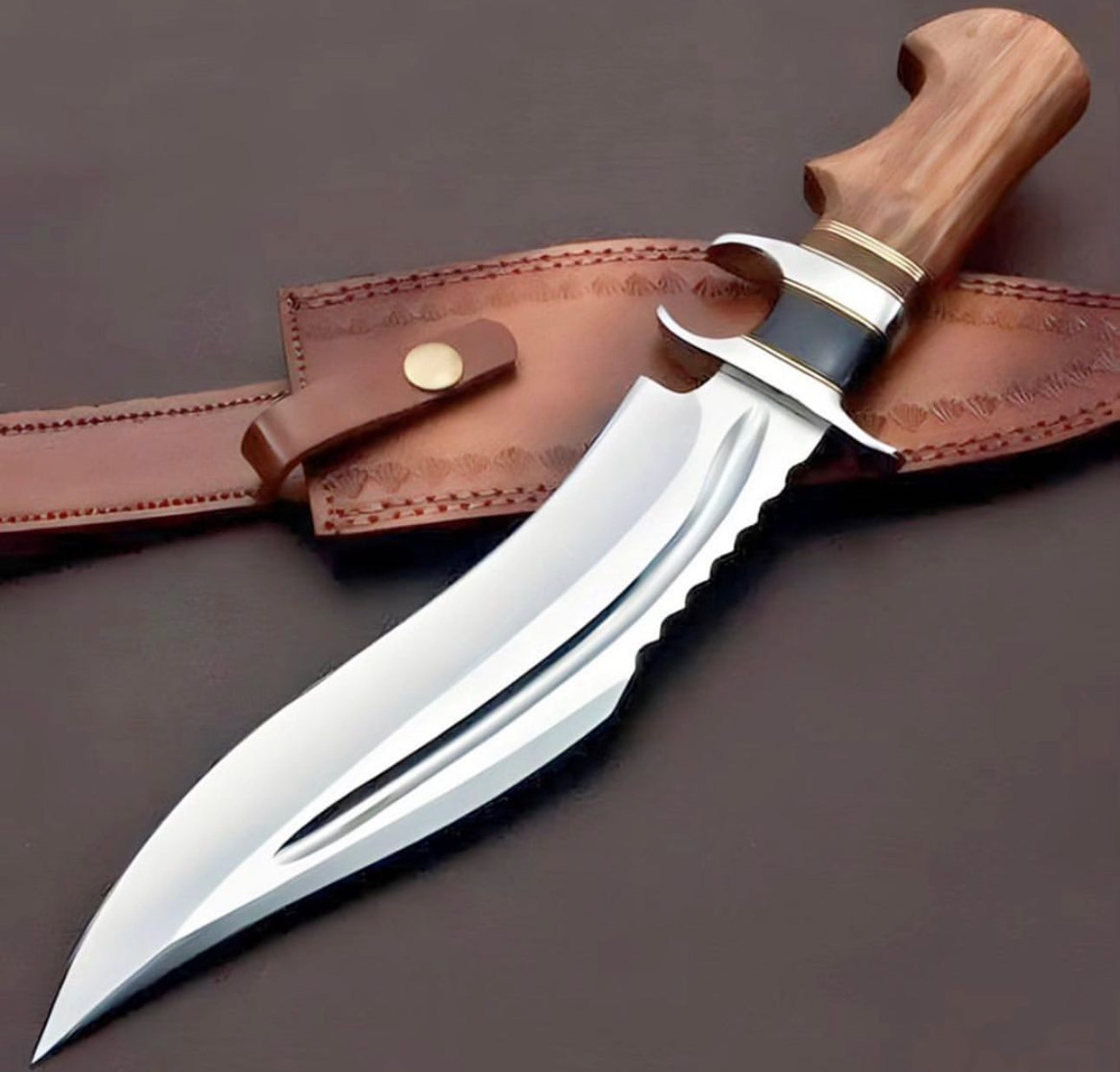 Damascus Knife Hunting Bowie Knife Pro Bone Handle Brass Guard And Pom -  Viking Axe