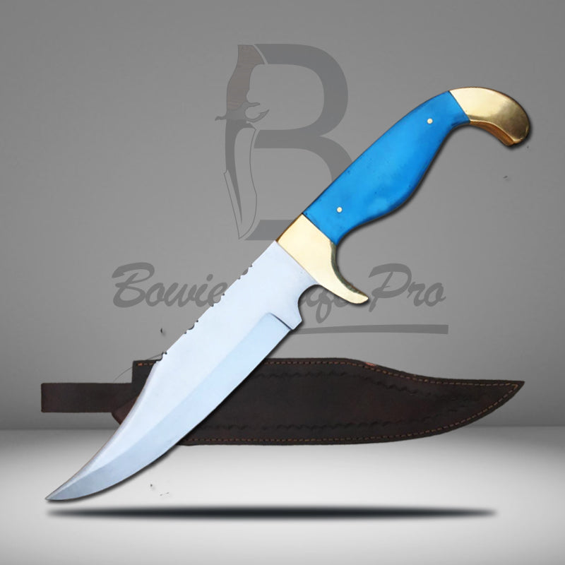Huning Bowie Knife 440c Steel Blade Brass Guard And Pommel Blue Resin Handle With Knife Sheath VK-222