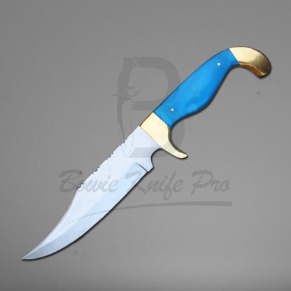 Huning Bowie Knife 440c Steel Blade Brass Guard And Pommel Blue Resin Handle With Knife Sheath VK-222