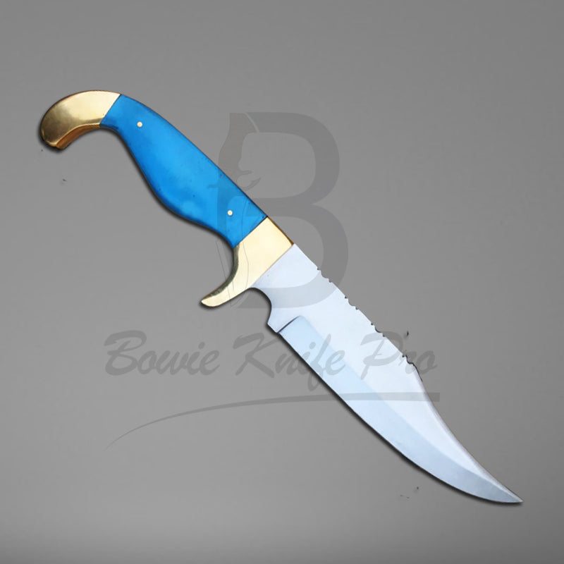 Huning Bowie Knife 440c Steel Blade Brass Guard And Pommel Blue Resin Handle With Knife Sheath VK-222