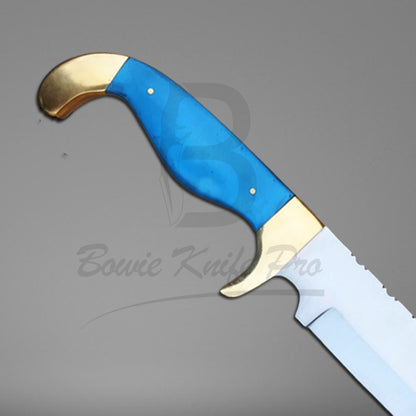 Huning Bowie Knife 440c Steel Blade Brass Guard And Pommel Blue Resin Handle With Knife Sheath VK-222