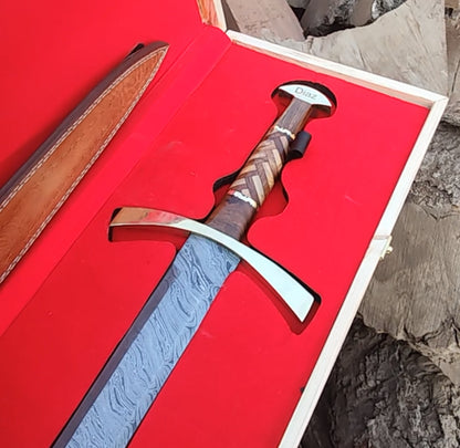 Custom Handmade Damascus Steel Sword | Viking Sword With Wooden Box VS-002