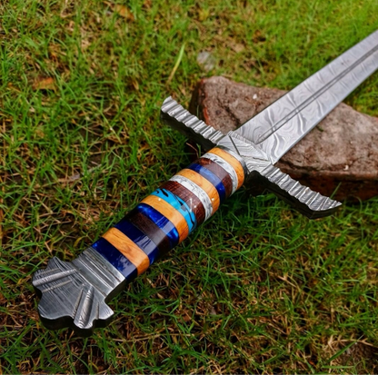 Damascus Steel Sword Crafted Handle Viking Sword Sharp Edges With Leather Sheath