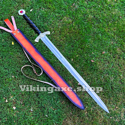 Custom Goldryn Sword High Carbone Steel Blade Brass Guard And Pommel With Leather Sheath