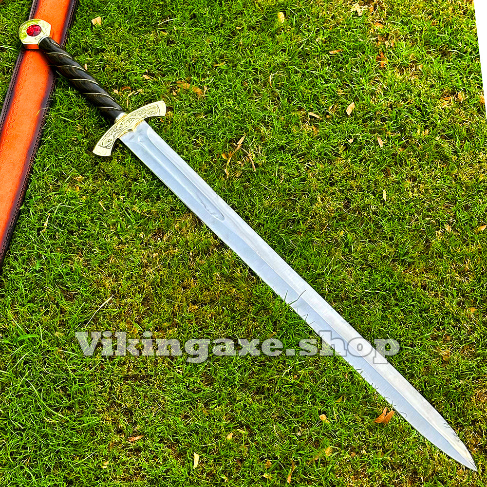 Custom Goldryn Sword High Carbone Steel Blade Brass Guard And Pommel With Leather Sheath