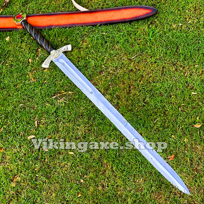 Custom Goldryn Sword High Carbone Steel Blade Brass Guard And Pommel With Leather Sheath