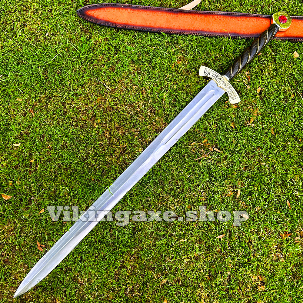 Custom Goldryn Sword High Carbone Steel Blade Brass Guard And Pommel With Leather Sheath