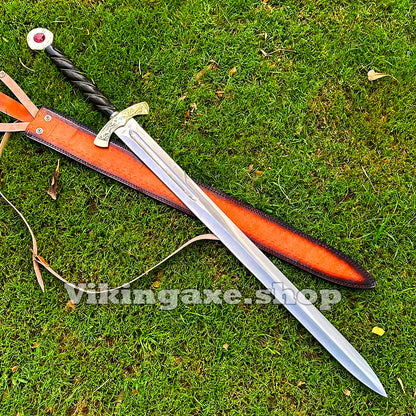 Custom Goldryn Sword High Carbone Steel Blade Brass Guard And Pommel With Leather Sheath