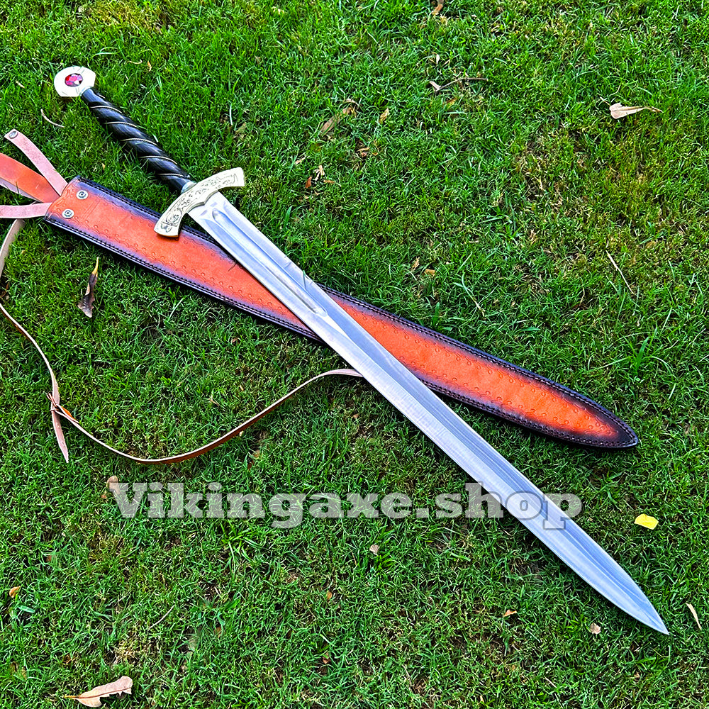 Custom Goldryn Sword High Carbone Steel Blade Brass Guard And Pommel With Leather Sheath