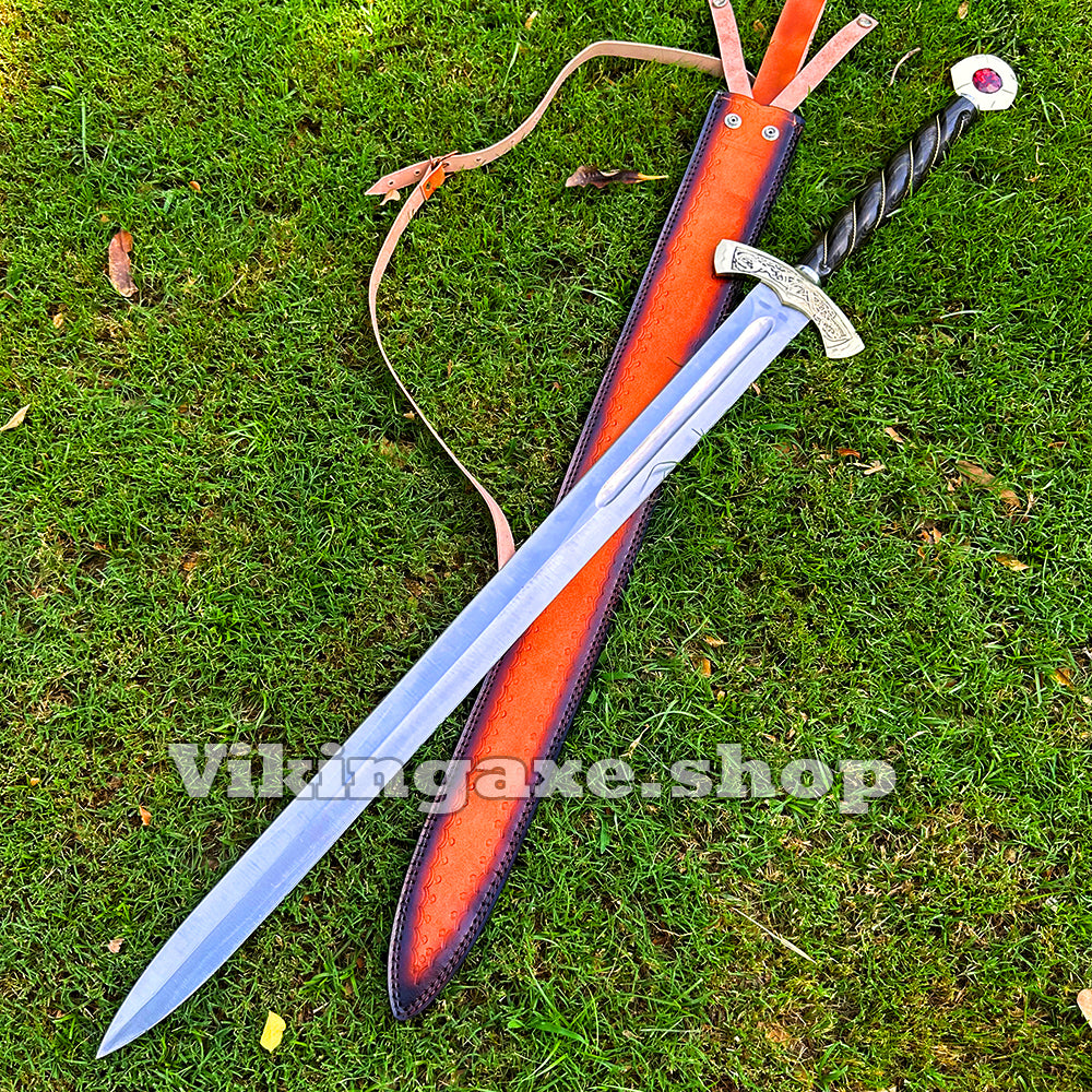 Custom Goldryn Sword High Carbone Steel Blade Brass Guard And Pommel With Leather Sheath