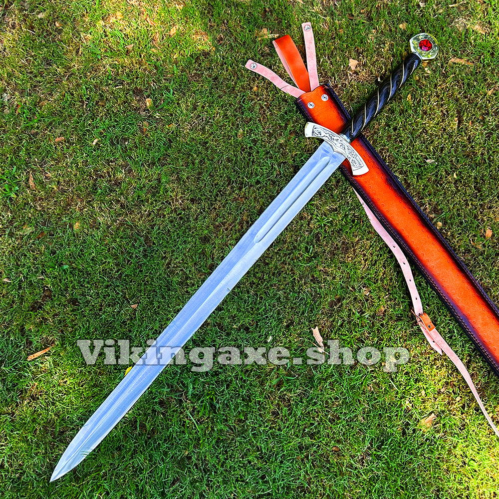 Custom Goldryn Sword High Carbone Steel Blade Brass Guard And Pommel With Leather Sheath