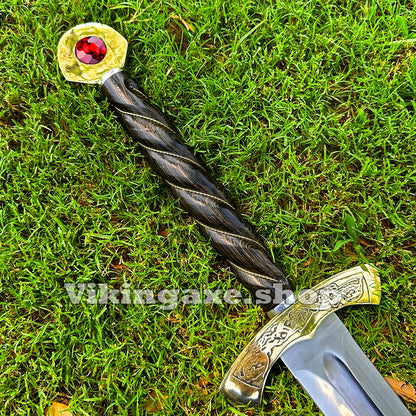 Custom Goldryn Sword High Carbone Steel Blade Brass Guard And Pommel With Leather Sheath