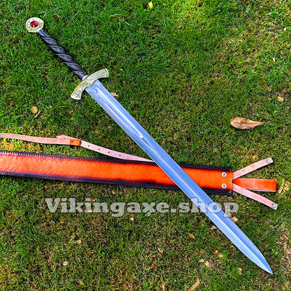 Custom Goldryn Sword High Carbone Steel Blade Brass Guard And Pommel With Leather Sheath