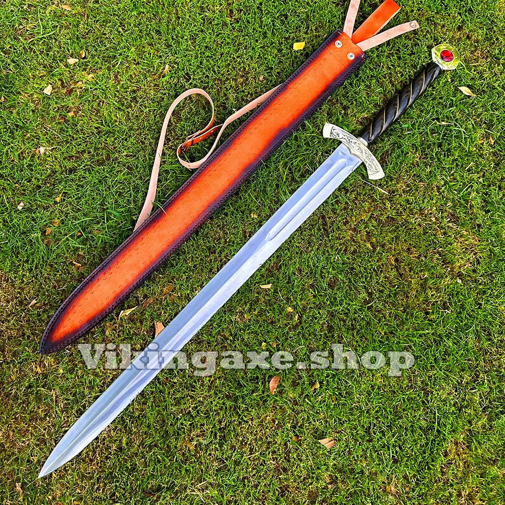 Custom Goldryn Sword High Carbone Steel Blade Brass Guard And Pommel With Leather Sheath