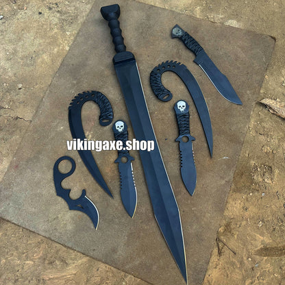 Custom Order 6 Pieces Sword And Knives Kit With Leather Sheath