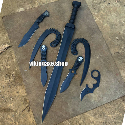 Custom Order 6 Pieces Sword And Knives Kit With Leather Sheath