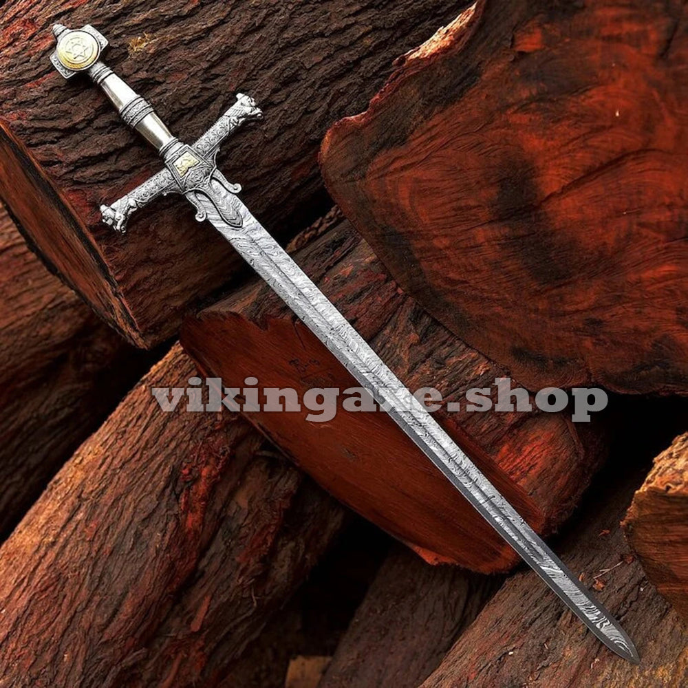 King Solomon Crusader Sword - Damascus Steel Sword With Leather Sheath