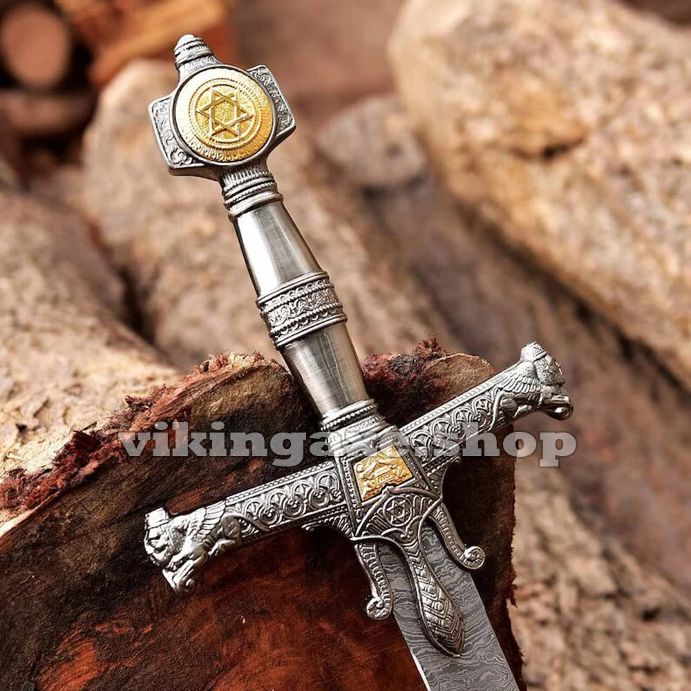King Solomon Crusader Sword - Damascus Steel Sword With Leather Sheath