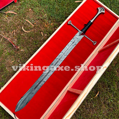 Handmade Sword Viking Sword Damascus Steel Blade Sword With Leather Sheath And Wooden Box