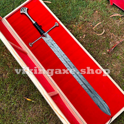 Handmade Sword Viking Sword Damascus Steel Blade Sword With Leather Sheath And Wooden Box