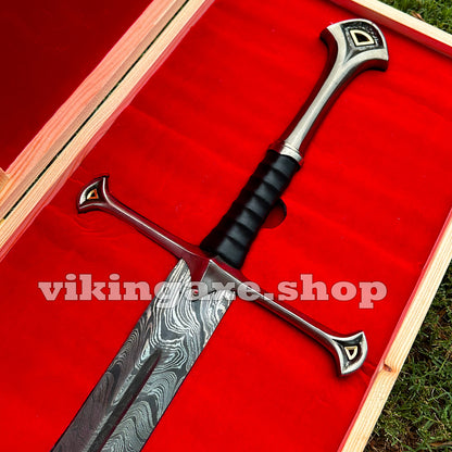 Handmade Sword Viking Sword Damascus Steel Blade Sword With Leather Sheath And Wooden Box