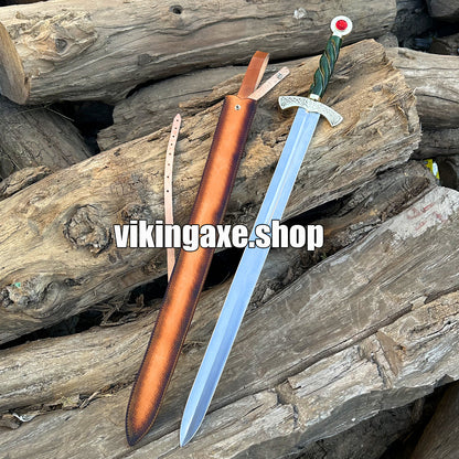 Goldryn Sword High Carbone Steel Blade Brass Guard And Red Gemstone Pommel With Leather Sheath