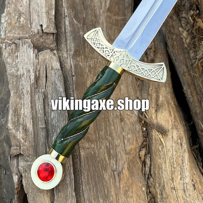 Goldryn Sword High Carbone Steel Blade Brass Guard And Red Gemstone Pommel With Leather Sheath