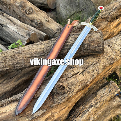 Goldryn Sword High Carbone Steel Blade Brass Guard And Red Gemstone Pommel With Leather Sheath