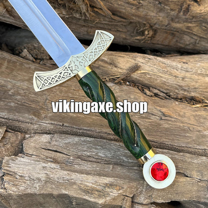 Goldryn Sword High Carbone Steel Blade Brass Guard And Red Gemstone Pommel With Leather Sheath