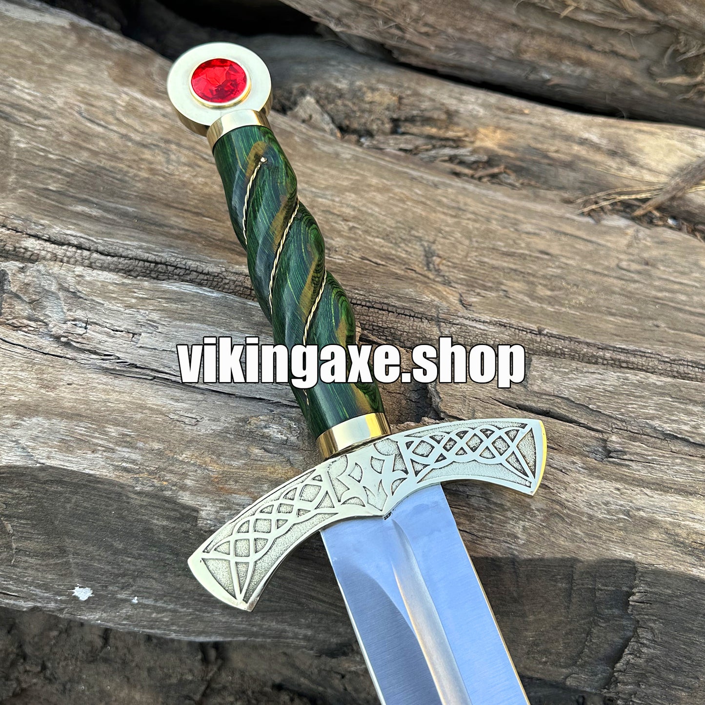 Goldryn Sword High Carbone Steel Blade Brass Guard And Red Gemstone Pommel With Leather Sheath